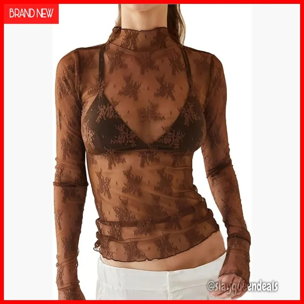 Long Sleeve Mesh Top Sheer Floral Embroidery Mock Neck Layering Tee - Picture 1 of 7